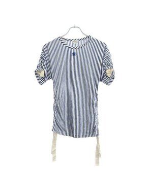 Chanel CC Logo Striped Shirred T-Shirt Blue White 34